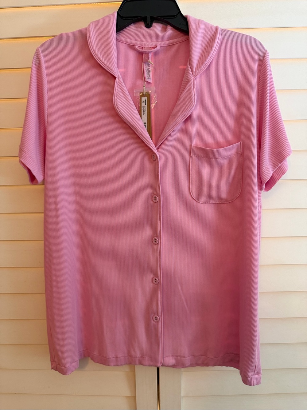 SKIMS Soft Lounge Short Sleeve Sleep Pajama Top BUBBLEGUM PINK Ribbed Medium NWT
